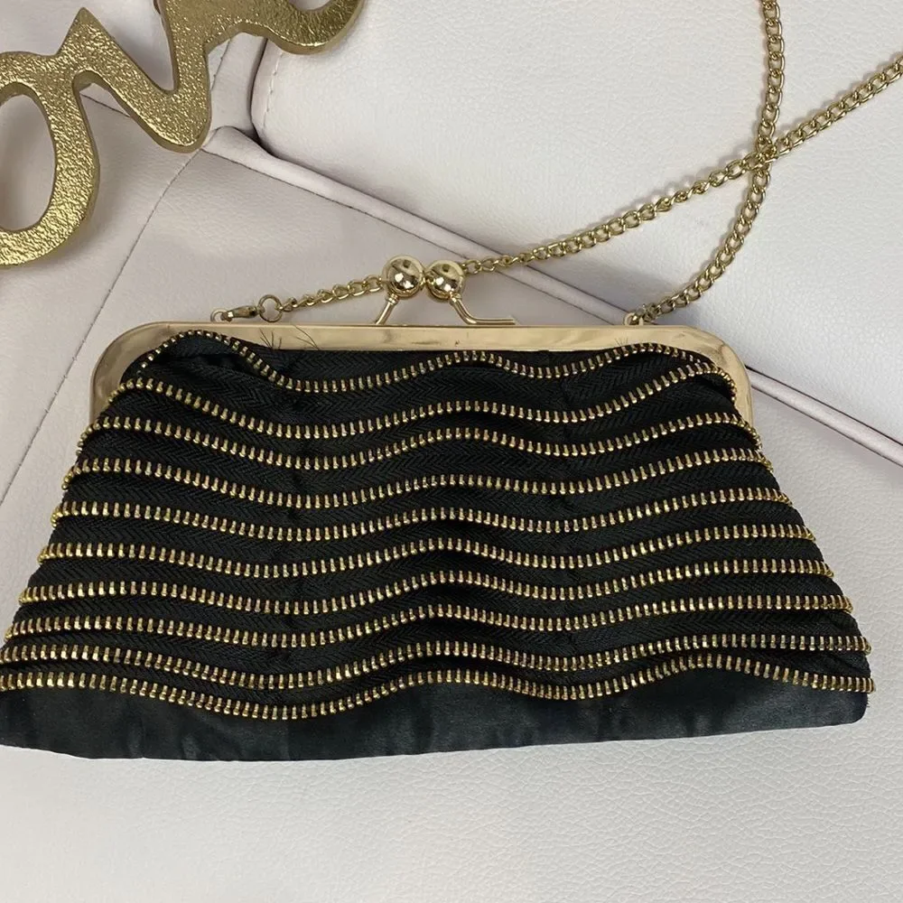 Ruffled Zipper Evening Bag Clutch Black Gold with Strap